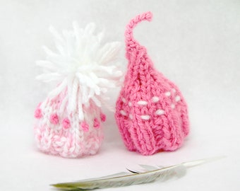 2 Pink Miniature Knit Hats- Hand Knitted Mini Caps- Doll Hats, Pet Hats- 2 Inches Wide