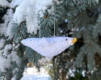 White Bird Ornament- Hand Knitted- Home Decoration- Bird Lover