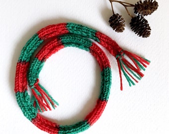Miniature Hand Knit Doll Scarf - Red and Green Stripes- 17 Inches
