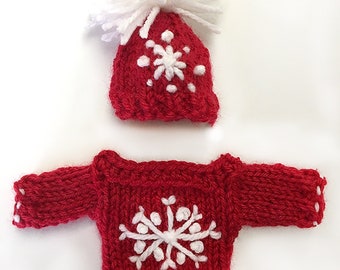 Snowflake Sweater Set- Hat and Sweater- Red and White- Bear Clothes- 2 Inch Wide Chest - Doll Sweater- Christmas, Winter