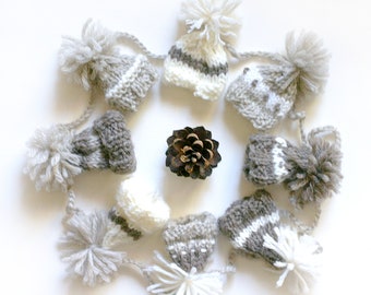 Knitted Garland- 8 Hats- Made To Order- 5 Ft Garland- White, Taupe- Neutral Decor