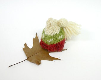 Miniature Knitted Hat- Red, Green, Ecru- Hand Knitted-  Ski Cap, Doll, Bear