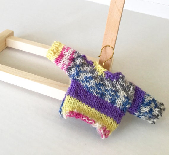 Miniature Knit Sweater- Purple, Blue, Lime- Doll Sweater, Bear Jumper 2.25 Inch Chest- 1:6 Scale
