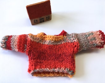 Orange Red Miniature Sweater- 2.25 Inches Across- Hand Knitted Pullover- Doll Clothes, Bear Sweater