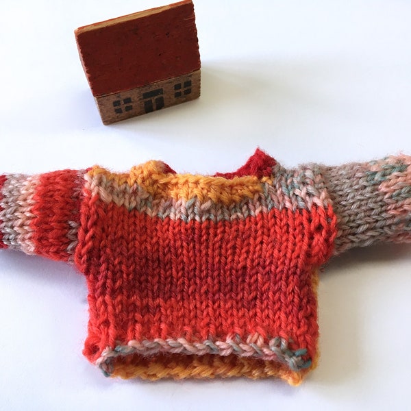 Orange Red Miniature Sweater- 2.25 Inches Across- Hand Knitted Pullover- Doll Clothes, Bear Sweater