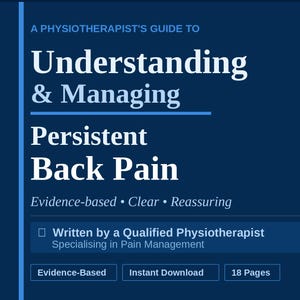Puede incluir: Una guía digital azul oscuro titulada A Physiotherapist's Guide to Understanding & Managing Persistent Back Pain. Incluye secciones sobre ciencia del dolor, ejercicios y un plan de 2 semanas. El documento tiene 18 páginas.