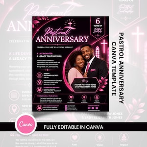May include: A black and pink flyer template for a pastoral anniversary featuring a photo of a couple, text reading Pastoral Anniversary, 6 Years of Faithful Leadership, and details for Pastor Matthew Jones and Lady Elizabeth Jones at New Beginnings Church.