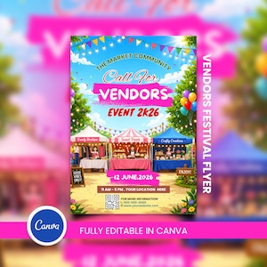 Puede incluir: Un folleto publicitario rosa y azul vibrante para un evento de vendedores. El texto principal es "Call for Vendors" y "Event 2k26". Incluye ilustraciones de puestos de vendedores, globos y la fecha 12 de junio de 2026.