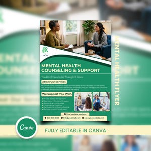 May include: A green and white flyer promoting mental health counseling and support services. The flyer includes the text "Mental Health Counseling & Support" and "You Don't Have to Go Through It Alone." It also lists services offered and contact information.