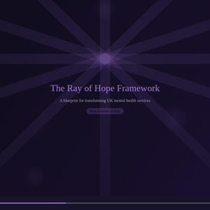 Może przedstawiać: Ciemnofioletowa grafika z centralnym wzorem rozbłysku i tekstem "The Ray of Hope Framework". Poniżej napis "A blueprint for transforming UK mental health services". Przycisk mówi "Now available to buy."