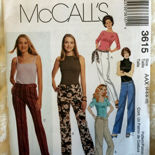 McCalls Misses 10 piece Low Rise Pants and Sash Sewing Pattern M3615 UC Uncut FF Size 4 6 8 10