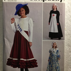 May include: Simplicity sewing pattern R11158 for children's costumes. The pattern includes instructions for three different outfits: a suffragette with a "VOTE" sash, a nurse with a red cross, and a floral dress. Sizes 7-14.