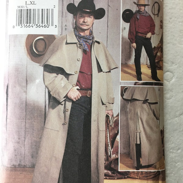 Men's Western Cowboy Duster Coat / Pullover Shirt with Button Front Panel Butterick Sewing Pattern 3830 UNCUT FF Size L-XL Chest 42 44 46 48