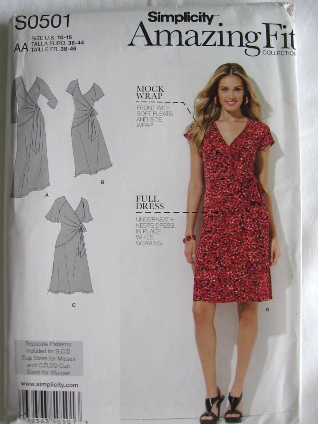 simplicity amazing fit dress Amazing Fit Simplicity Misses Mock Wrap Dress for Stretch Knits Sewing  Pattern S0501 UC Uncut FF Size 10 12 14 16 18