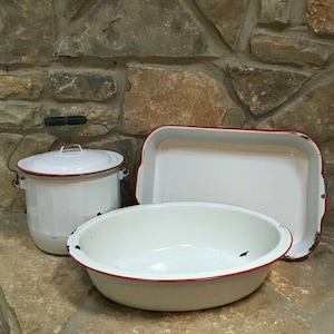 Vintage White & Red Enamelware Large Pan, Bowl, Pot w/lid Country Farmhouse Chippy Rustic Set