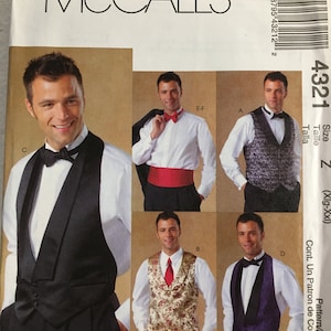 May include: McCall's sewing pattern for formal wear, featuring a tuxedo vest and bow tie. The pattern includes multiple vest styles in black, purple, and floral designs. The size is Z (Xlg-XXl).