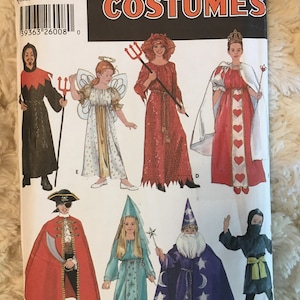 May include: Simplicity Costumes pattern featuring illustrations of various Halloween costumes, including a devil, angel, queen, pirate, wizard, and ninja. The costumes are in various colors, such as red, white, blue, and black.