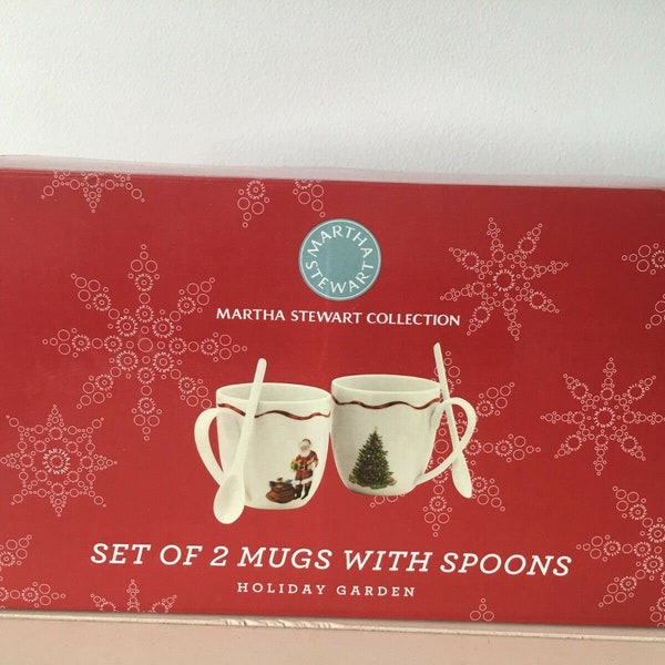Martha Stewart 2 Piece Hot Cocoa Chocolate Cups Mugs & Spoons New in Box Holiday Garden Retired
