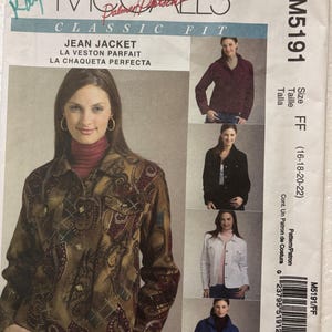 May include: McCall's M5191 sewing pattern for a jean jacket. The pattern includes instructions for a classic fit jacket in sizes FF (16-18-20-22). The image shows a woman wearing a paisley-print jacket.