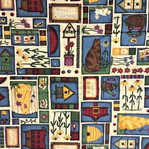 May include: A fabric pattern featuring a patchwork design with a garden theme. The design includes birdhouses, sunflowers, bees, a cat, and the text "Backyard Friends" and "Wildflower Garden" in various blocks. The color palette includes blue, red, yellow, and green.