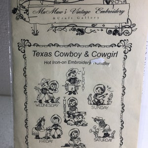 Texas Cowboy & Cowgirl Tea Towels Hot Iron Embroidery Transfers by MaMaw's  Vintage Embroidery 