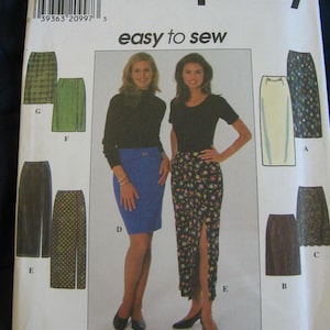 May include: Simplicity sewing pattern 7881 featuring various skirt designs. The pattern includes options for different styles, such as a pencil skirt, a skirt with a slit, and a floral print skirt. The pattern is labeled "easy to sew".