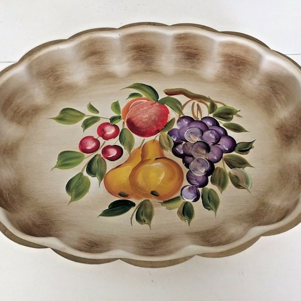 Vintage Toleware Tray Dish Hand Painted Fruit Nashco w/Label 15x12 Country Farmhouse