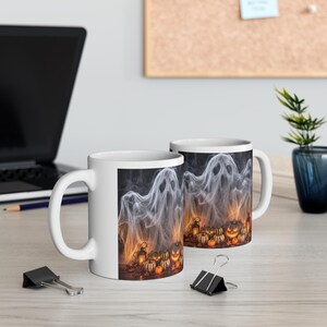 Taza de café de Halloween con diseño de fantasma, calabaza espeluznante, huerto de calabazas, cerámica, vajilla de otoño, regalo para el té, cerámica de cocina, diseño de farol naranja de temporada.