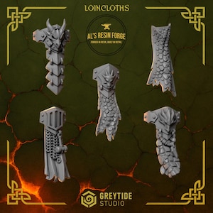 Peut inclure: Un ensemble de cinq pagnes miniatures en résine grise présentant divers détails sculptés, notamment des têtes de dragon, des mailles et des textures d'écailles. Le texte LOINCLOTHS, AL'S RESIN FORGE, FORGED IN RESIN, BUILT IN DETAIL et GREYTIDE STUDIO est visible.