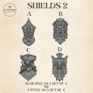 May include: Four grey resin shields labeled A, B, C, and D. Shield A features a central mask and chains. Shield B has a skull and spiked edges. Shield C displays a skull with crossed chains. Shield D shows a skull with ornate scrollwork and spikes.