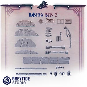 Könnte beinhalten: Eine Sammlung grauer Miniatur-Basing-Bits mit der Aufschrift Basing Bits 2, bestehend aus verschiedenen steinartigen Trümmerteilen, industriellen Bodengittern, Rohren, einer gebogenen Metallstruktur und mehreren kleinen Schädeln auf hellem Grund.