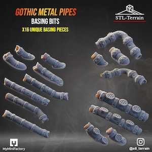 May include: A set of sixteen grey resin gothic metal pipe basing bits for miniature models. The pieces feature various lengths, curved segments, and cylindrical pipe sections with circular valve details and textured metallic surface patterns.