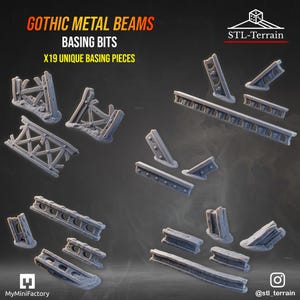 May include: A collection of 19 gray resin miniature basing bits labeled Gothic Metal Beams. The set includes various structural components like broken cross-braced frames, straight beams with skull motifs, and angled supports for tabletop gaming.