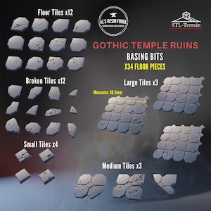 May include: A collection of 34 grey resin gothic temple ruins basing bits including 12 floor tiles, 12 broken tiles, 4 small tiles, 3 large tiles, and 3 medium tiles. One large tile piece is labelled with a measurement of 36.5mm in width.
