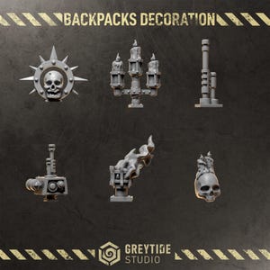 May include: A set of six grey miniature backpack decorations featuring a skull with a spiked halo, a three-candle candelabra, a vertical pipe structure, a mechanical device with two circular lenses, a flaming torch, and a skull topped with a candle.
