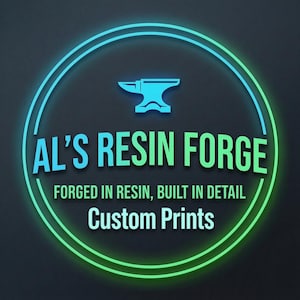 May include: A circular logo with a gradient blue to green neon outline on a dark background. It features a stylized anvil icon above the text AL'S RESIN FORGE, followed by the tagline FORGED IN RESIN, BUILT IN DETAIL and the words Custom Prints.