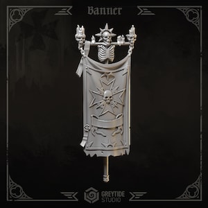 May include: A grey miniature banner featuring a skeletal figure at the top with a skull and cross-shaped emblem on the fabric. The banner includes two candle-topped skulls on either side of the skeleton and a blank scroll banner at the bottom.
