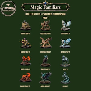 May include: A collection of twelve miniature fantasy figurines labelled Magic Familiars, featuring six distinct creatures with two variants each. The set includes an Arcane Toad, Celestial Lynx, Crystal Fox, Ember Lizard, Ghost Crow, and Kelpie.