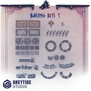Könnte beinhalten: Eine Sammlung grauer Miniatur-Basing-Bits mit der Aufschrift Basing Bits 1, bestehend aus rechteckigen Fliesen mit Knotenmustern und Runen, kreisförmigen Ringen, gebogenen Segmenten und Steinstücken mit detaillierten Schnitzereien.
