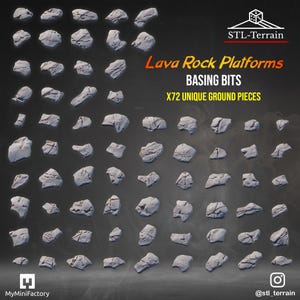 Può includere: Una collezione di 72 piattaforme in roccia lavica grigio chiaro per basette, con varie forme irregolari e texture crepate. L'immagine include il testo STL-Terrain, Lava Rock Platforms, BASING BITS e X72 UNIQUE GROUND PIECES.