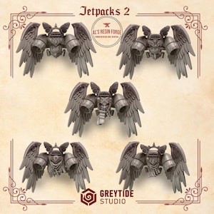 May include: Five grey resin miniature jetpack accessories with sculpted feathered wings and mechanical thruster details. Each unit features unique decorative elements like skulls, scrolls, or crests. The text Jetpacks 2, Al's Resin Forge, and Greytide Studio is visible.