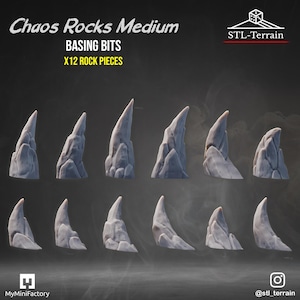 May include: A set of twelve medium-sized gray rock pieces for basing bits, labeled Chaos Rocks Medium. The collection features various jagged, pointed stone formations with textured surfaces, arranged in two rows against a dark background.