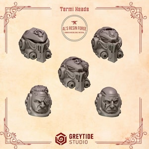 May include: Five grey resin miniature heads labeled Termi Heads. Three heads feature ornate, armored helmets with vents and crests, while two are unhelmeted, showing detailed facial features including scars and an eye patch. Includes Al's Resin Forge logo.