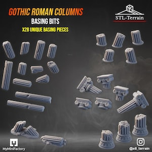 May include: A collection of 28 grey resin miniature basing bits featuring Gothic Roman columns. The set includes various column segments, broken pillars, and ornate capitals with detailed fluting and architectural textures for tabletop gaming.