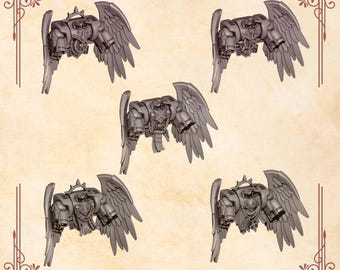 May include: Five grey miniature jetpacks with feathered wings, each featuring unique mechanical details, skulls, and decorative emblems. The text Jetpacks 2 and Greytide Studio is visible on the parchment-coloured background.