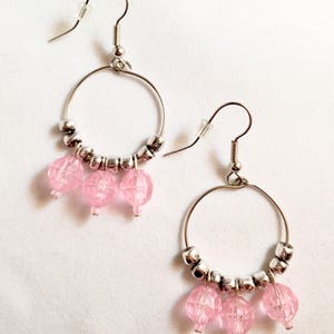 Pink Beaded Hoop Dangle Earrings - Nickel Free - Handmade