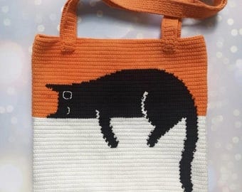 Sleeping Black Cat Crochet Pattern PDF Orange Tapestry Tote Everyday Book Bag