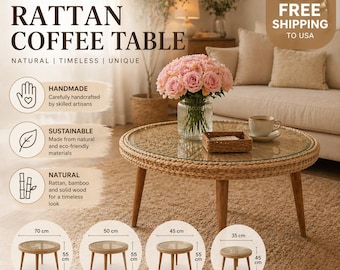 Mesa de centro de ratán hecha a mano, tapa de cristal, decoración bohemia para sala de estar, patas de madera natural.