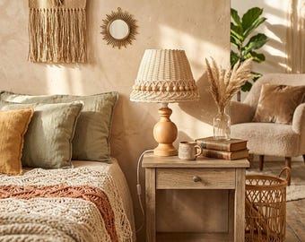 Lámpara de mesa de bambú y ratán tejido a mano, base de madera de haya, luz nocturna estilo bohemio