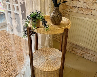 Handcrafted Rattan Side Table with Storage Basket, Boho Wooden Nightstand